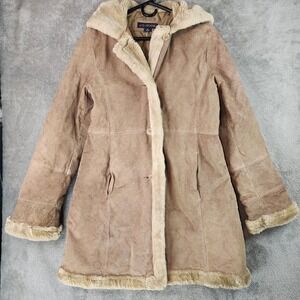 JG Hook Jacket Womens Medium Tan Leather Suede Faux Fur Trim Hooded Coat